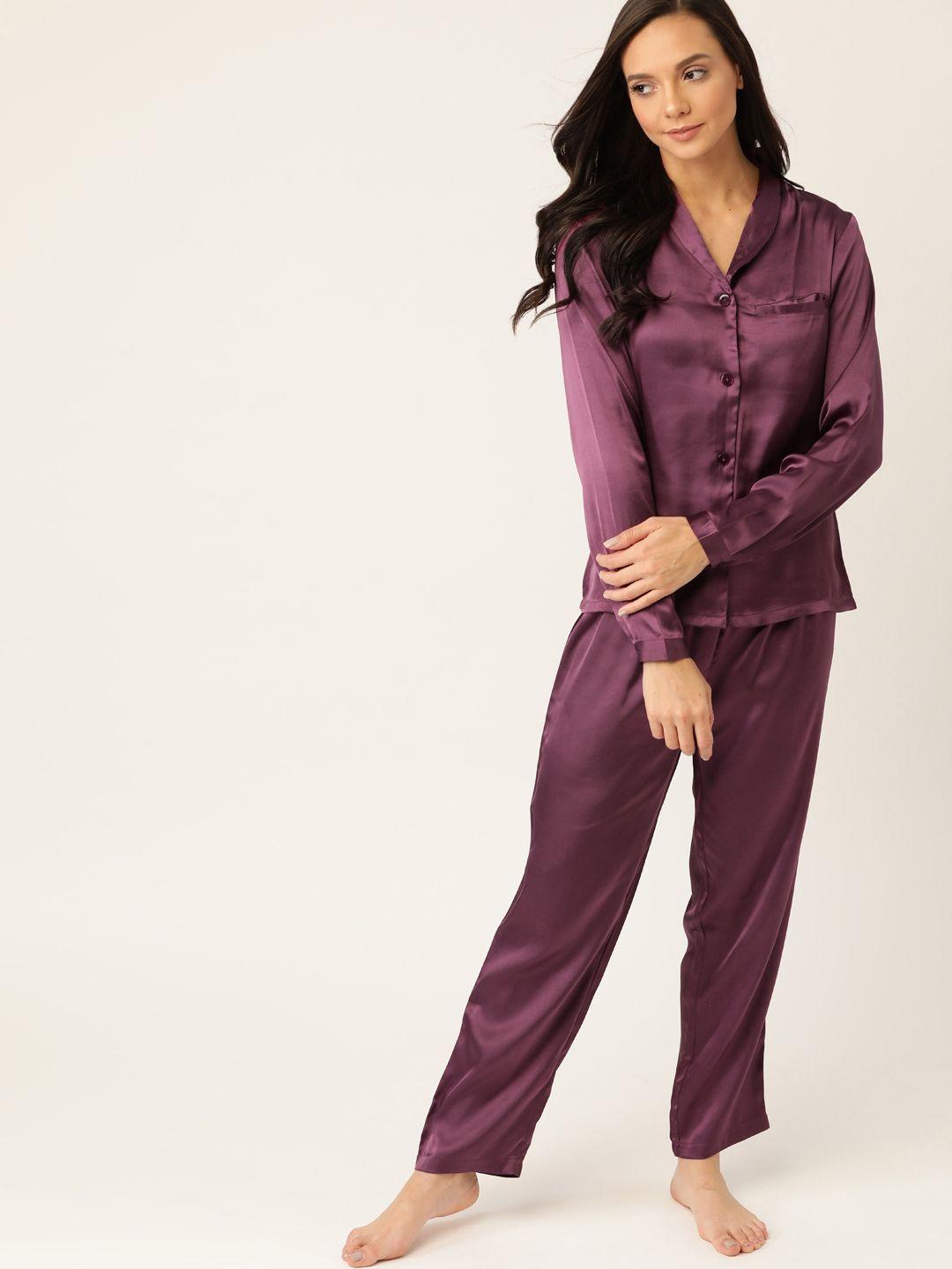etc women purple solid satin finish night suit