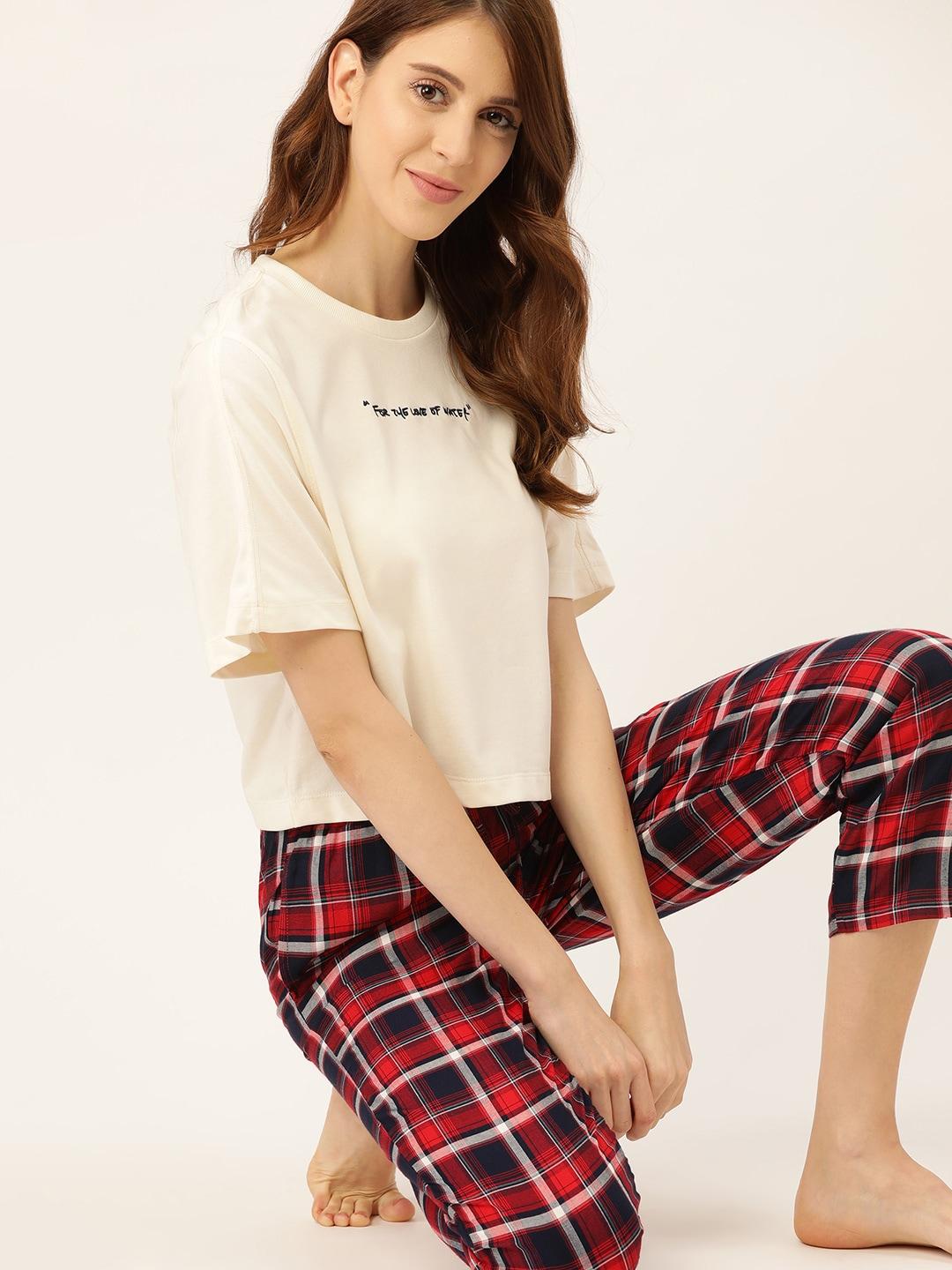 etc women red & navy blue checked lounge pants