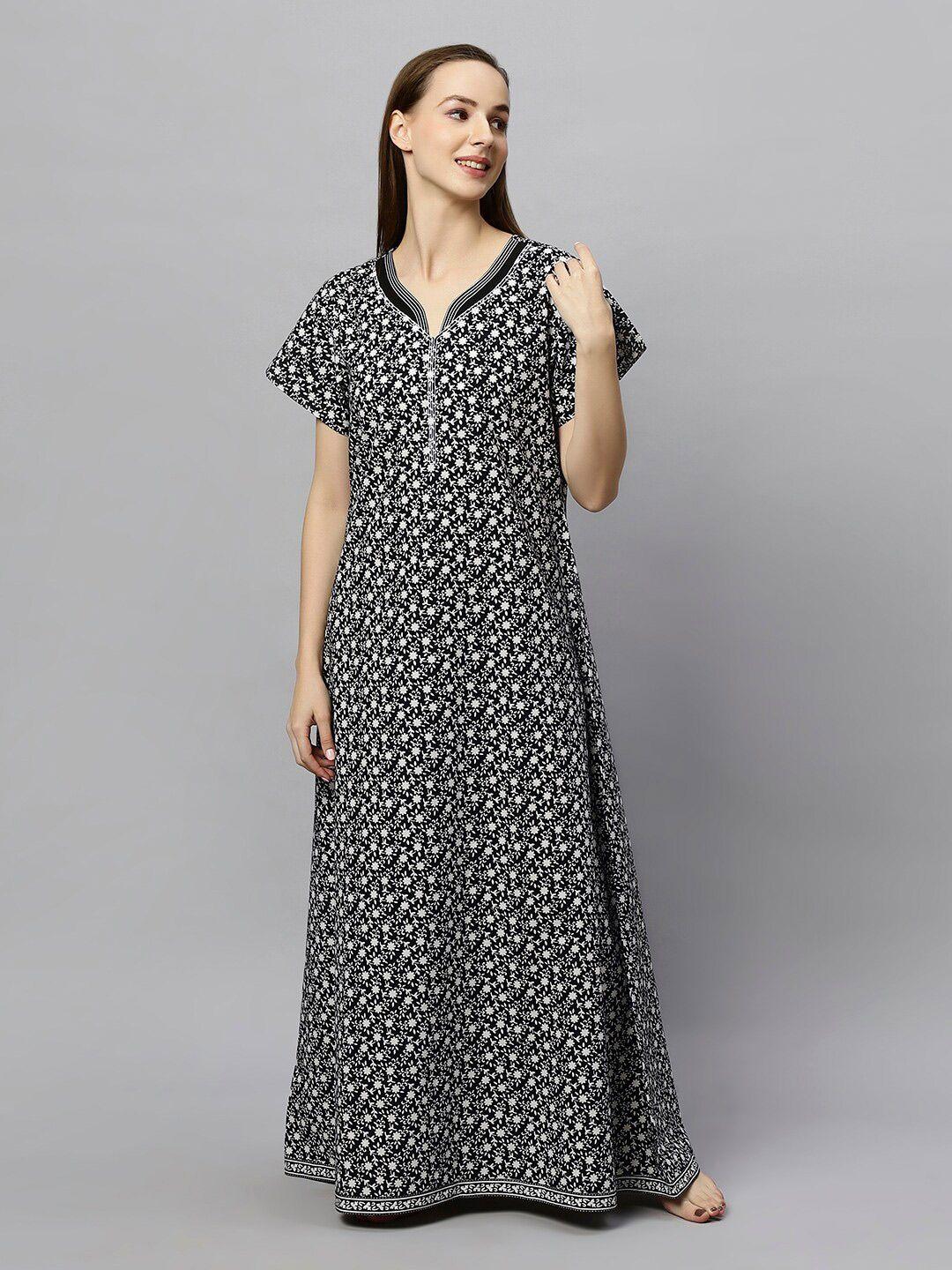 etc black floral printed pure cotton maxi nightdress