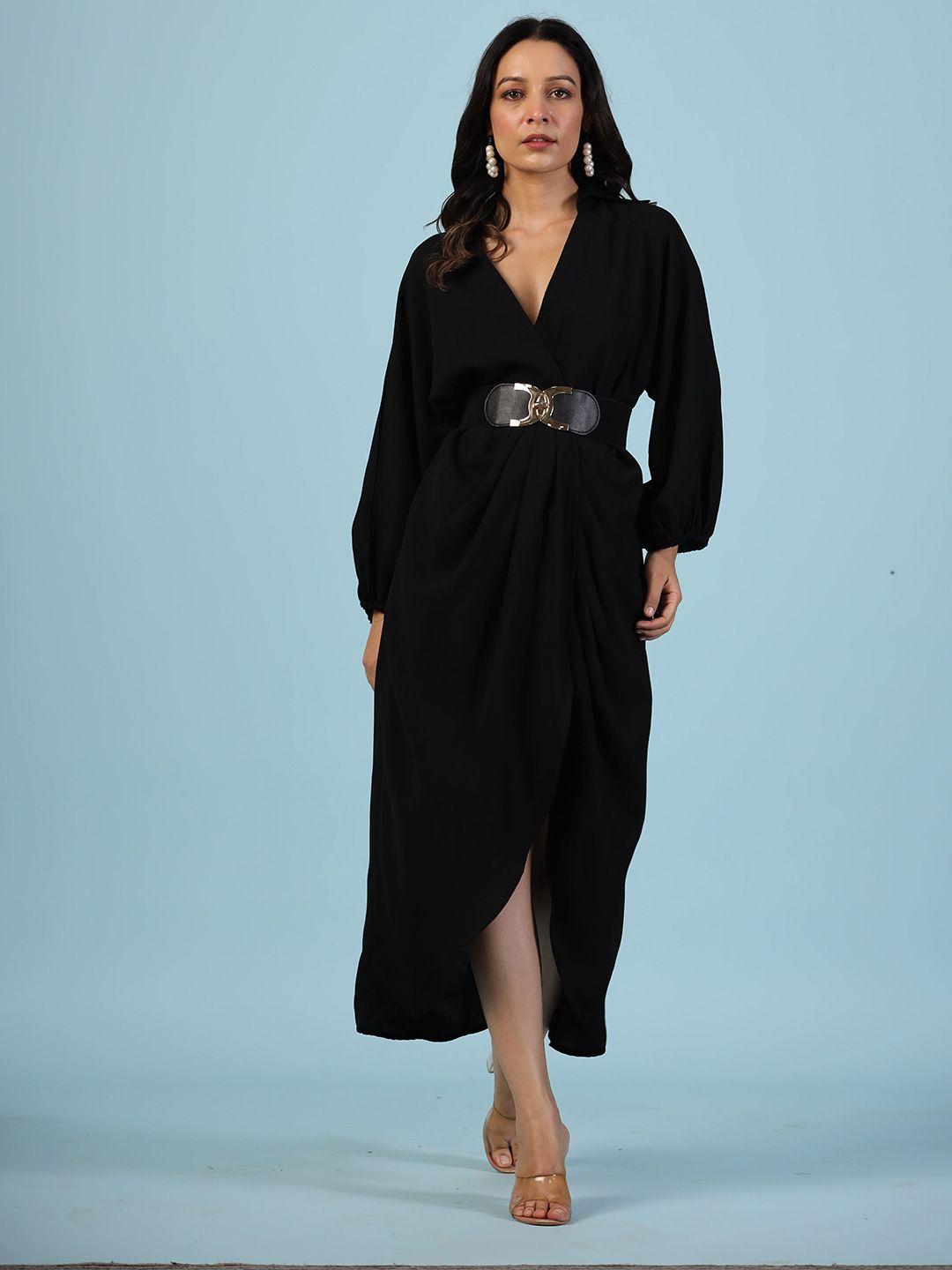 etc black mandarin collar puff sleeves a-line maxi dress