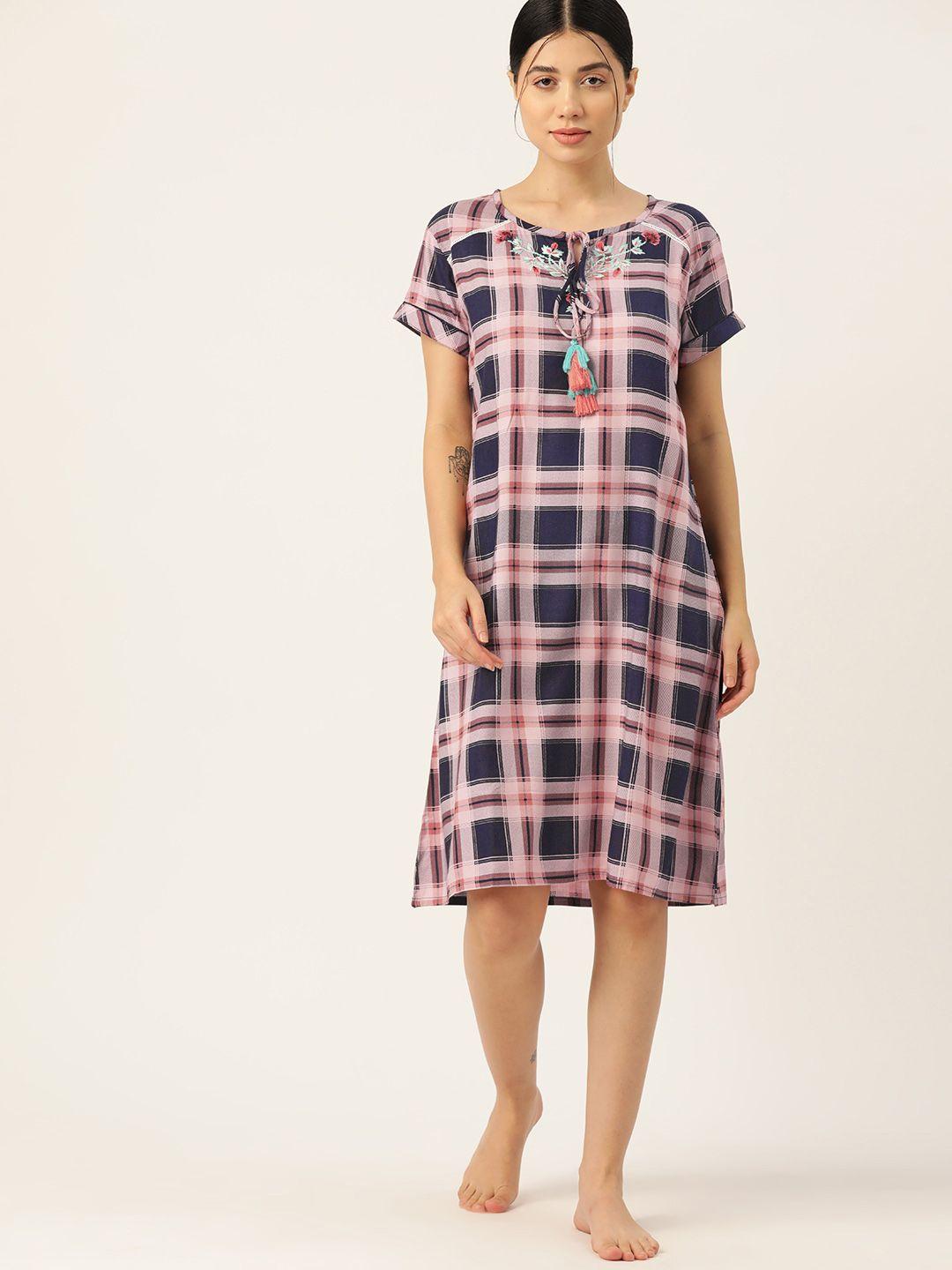 etc checked tie-up neck nightdress