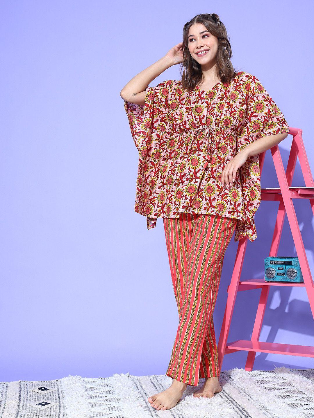 etc floral printed kaftan pure cotton night suit