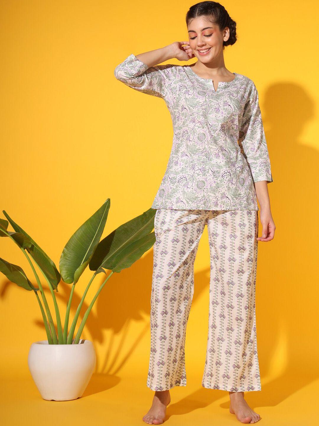 etc floral printed notched neck pure cotton night suit