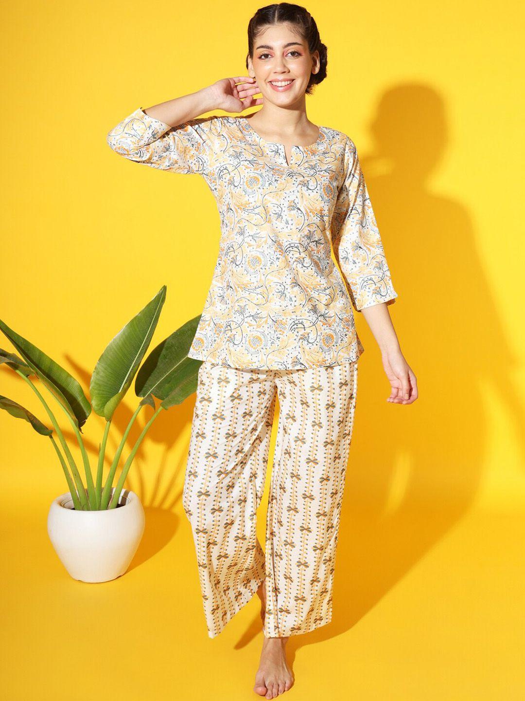 etc floral printed pure cotton top with pyjamas