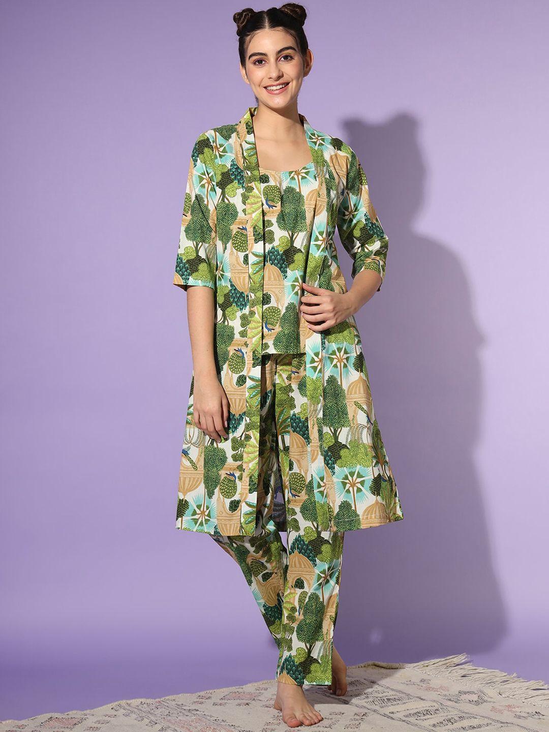 etc green & beige printed pure cotton night suit