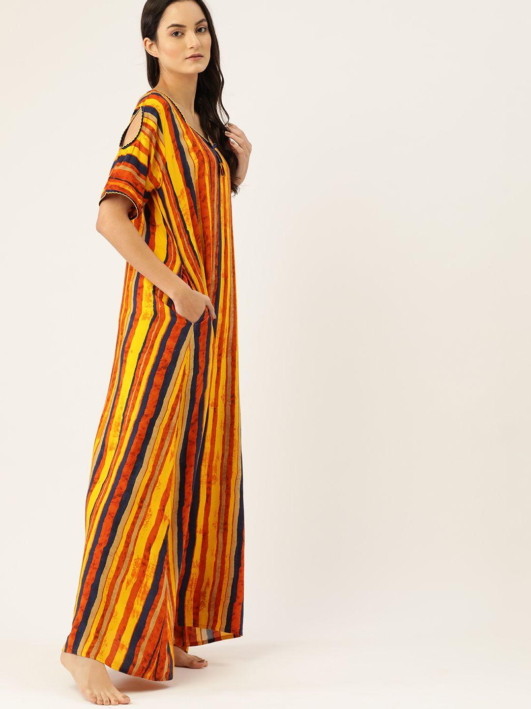 etc mustard yellow & rust orange striped maxi nightdress with bow detail