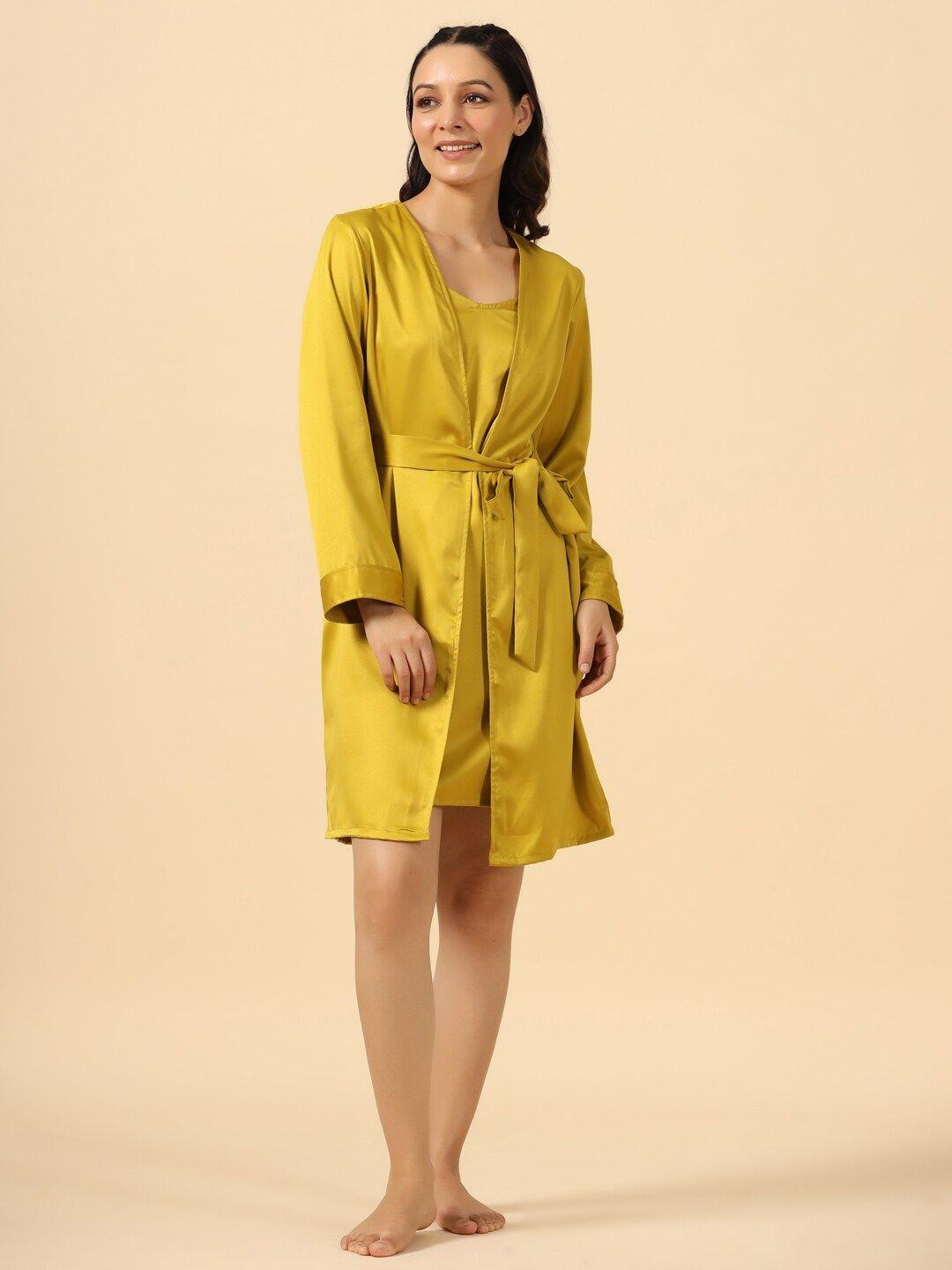 etc mustard yellow shoulder straps satin wrap nightdress comes with robe
