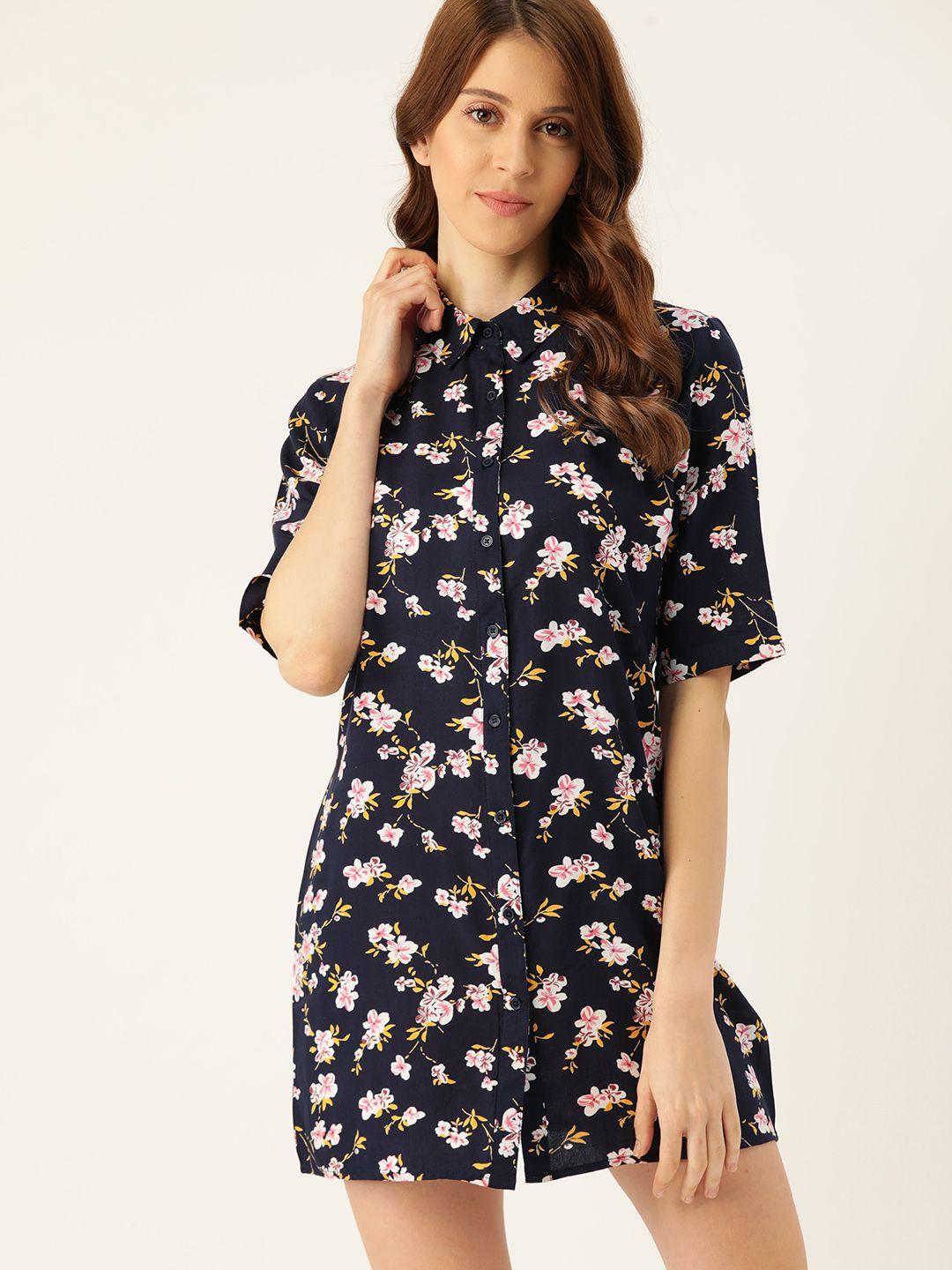 etc navy blue & white floral print sleep shirts