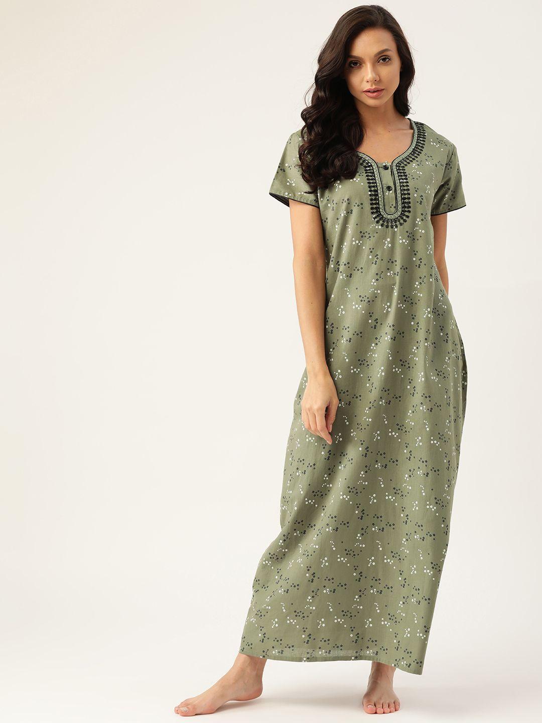 etc olive green printed cotton maxi nightdress