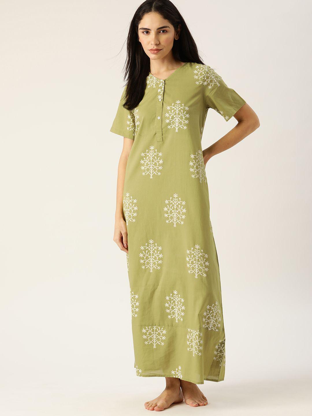 etc olive green printed cotton maxi nightdress