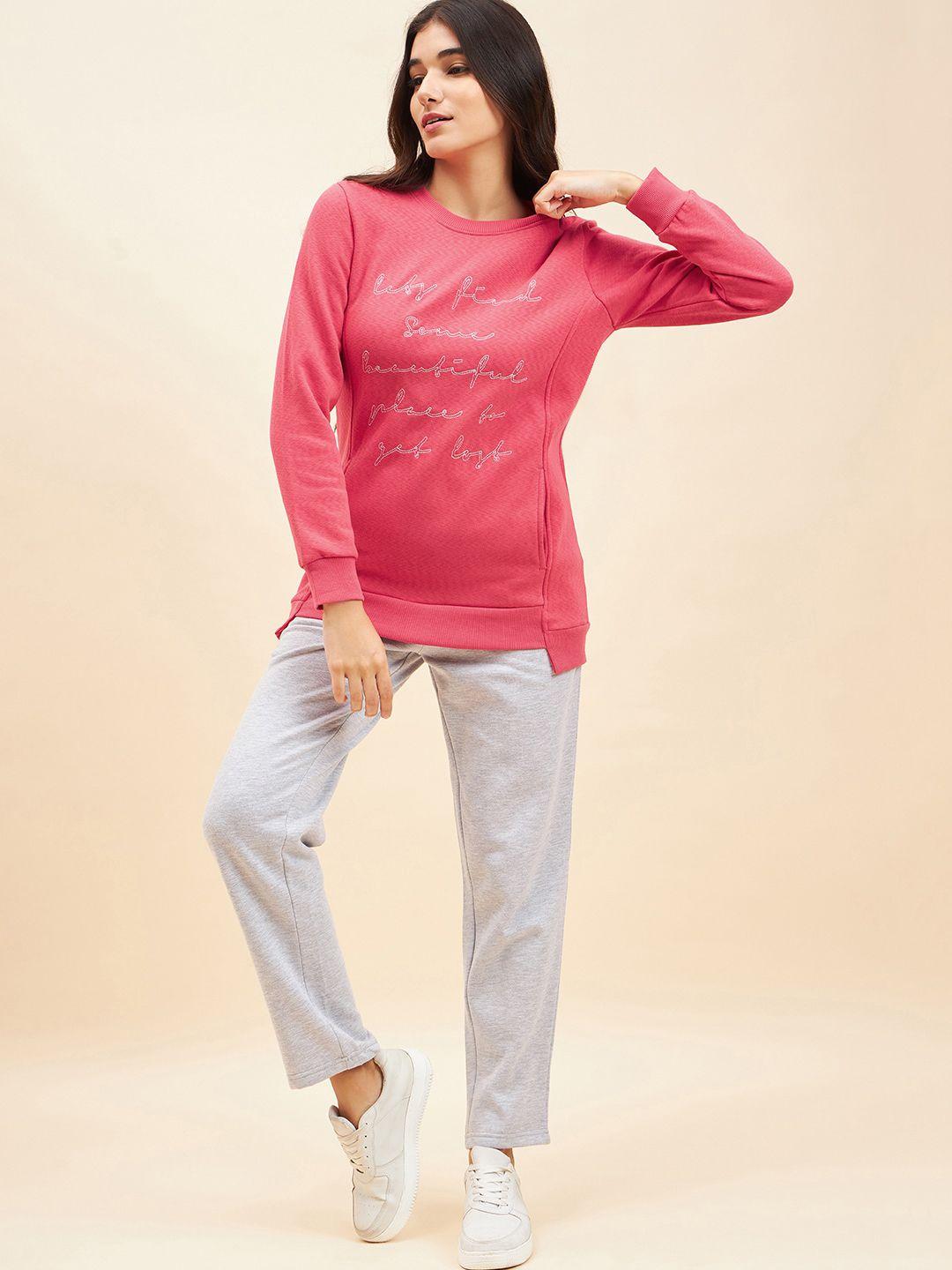 etc pink printed round neck fleece sweatshirt with trouser