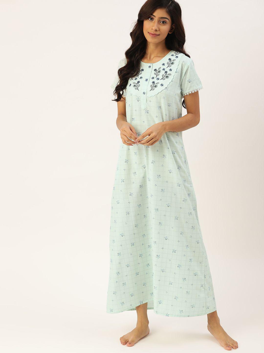 etc sea green & navy blue printed maxi nightdress