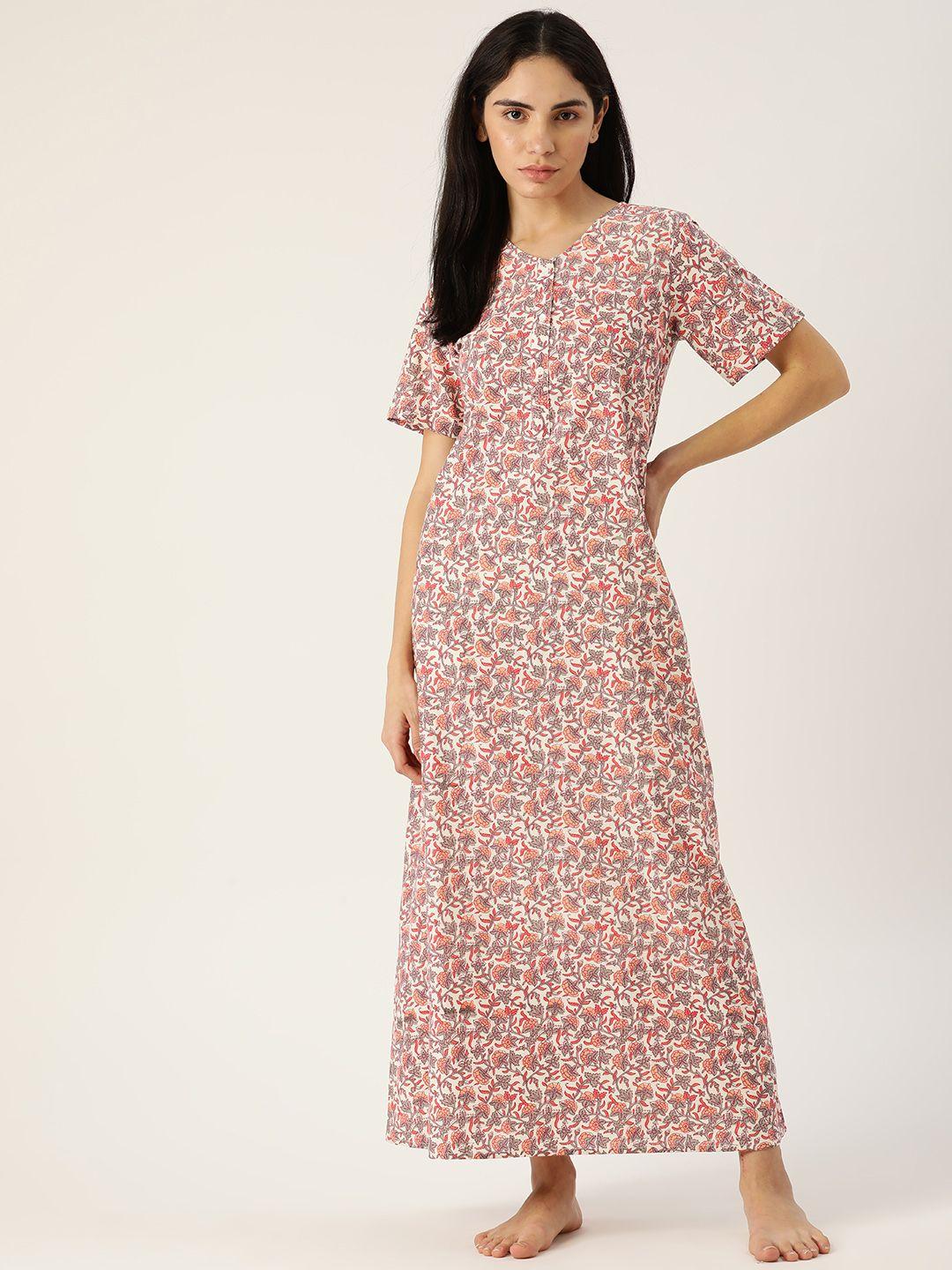 etc white & peach-coloured printed cotton maxi nightdress