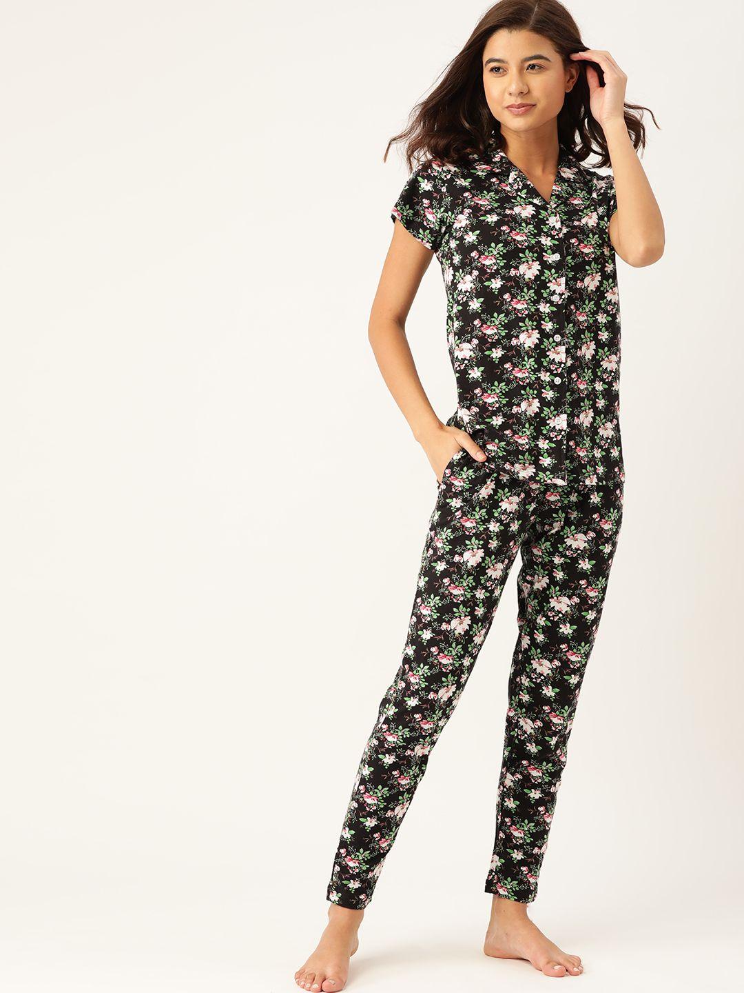 etc women black & off white floral printed pyjamas set