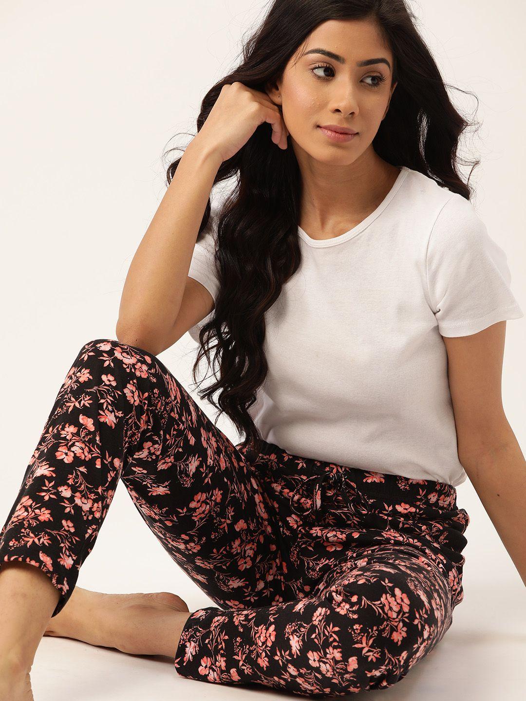 etc women black & pink floral print pure cotton lounge pants