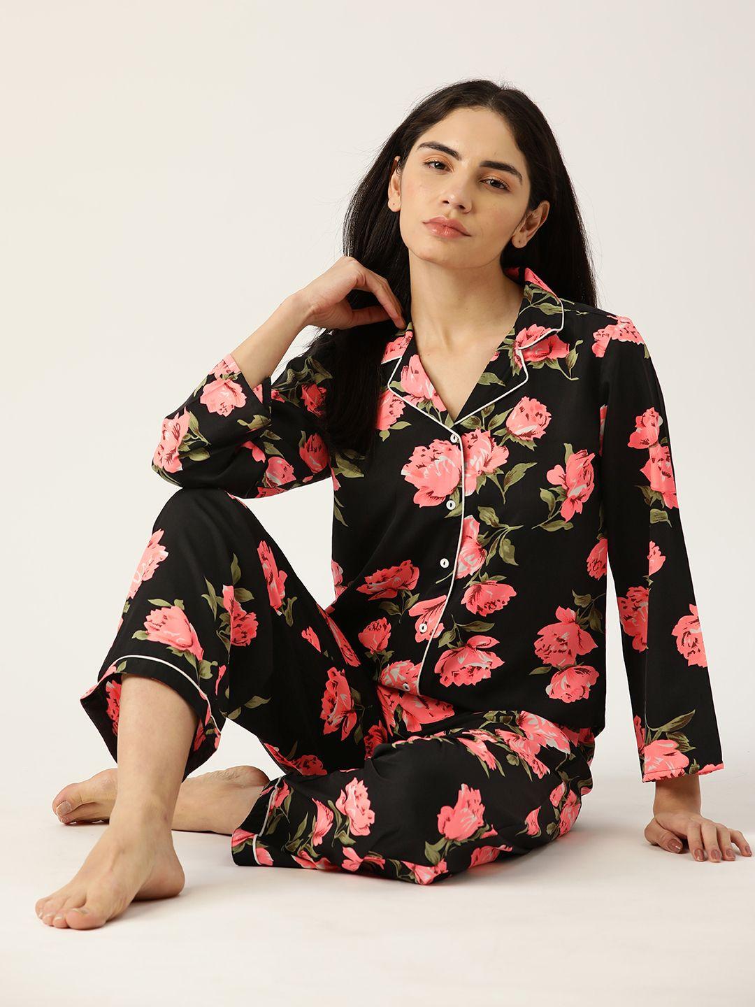 etc women black & pink printed night suit