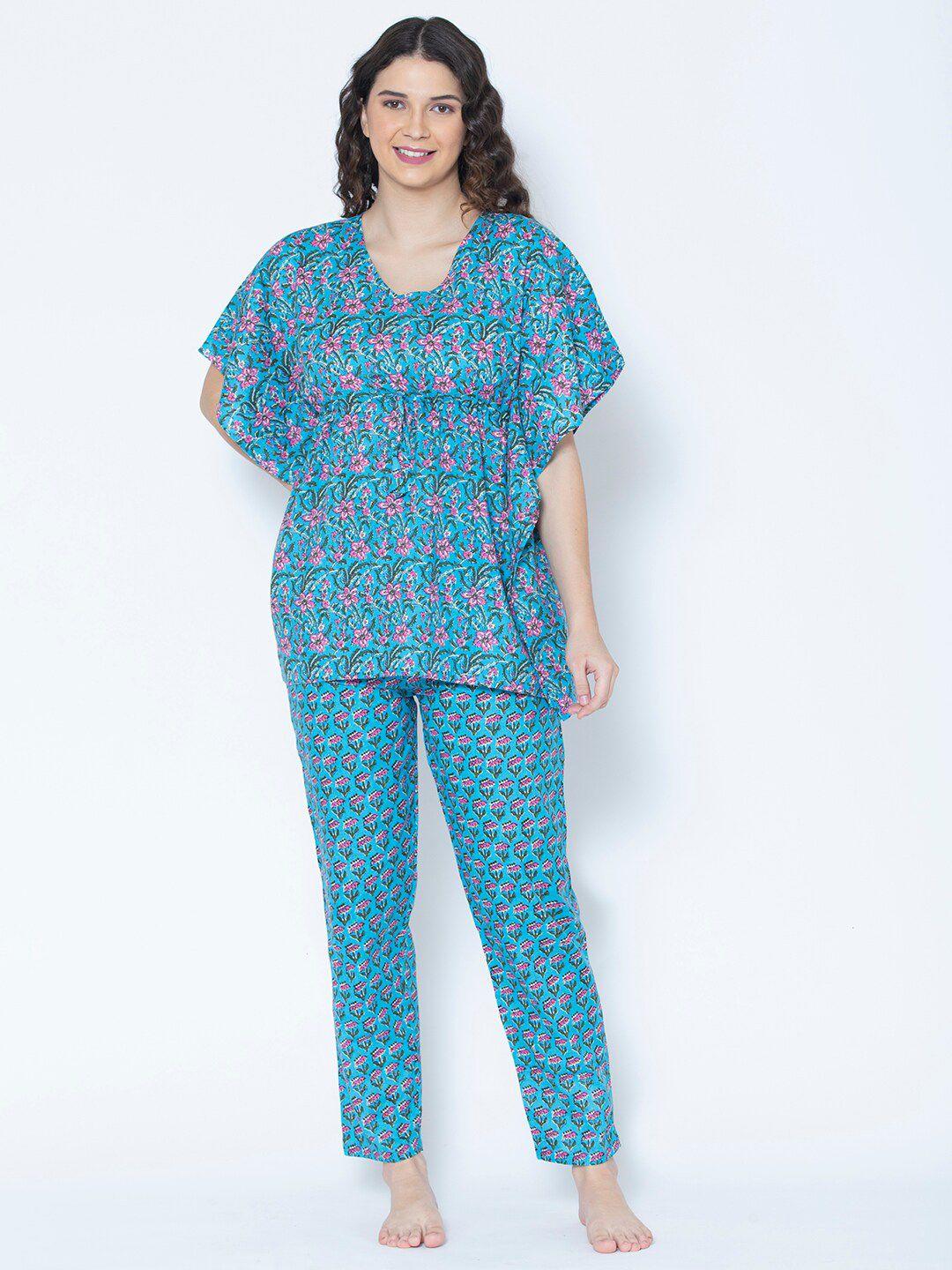 etc women blue printed pure cotton night suit