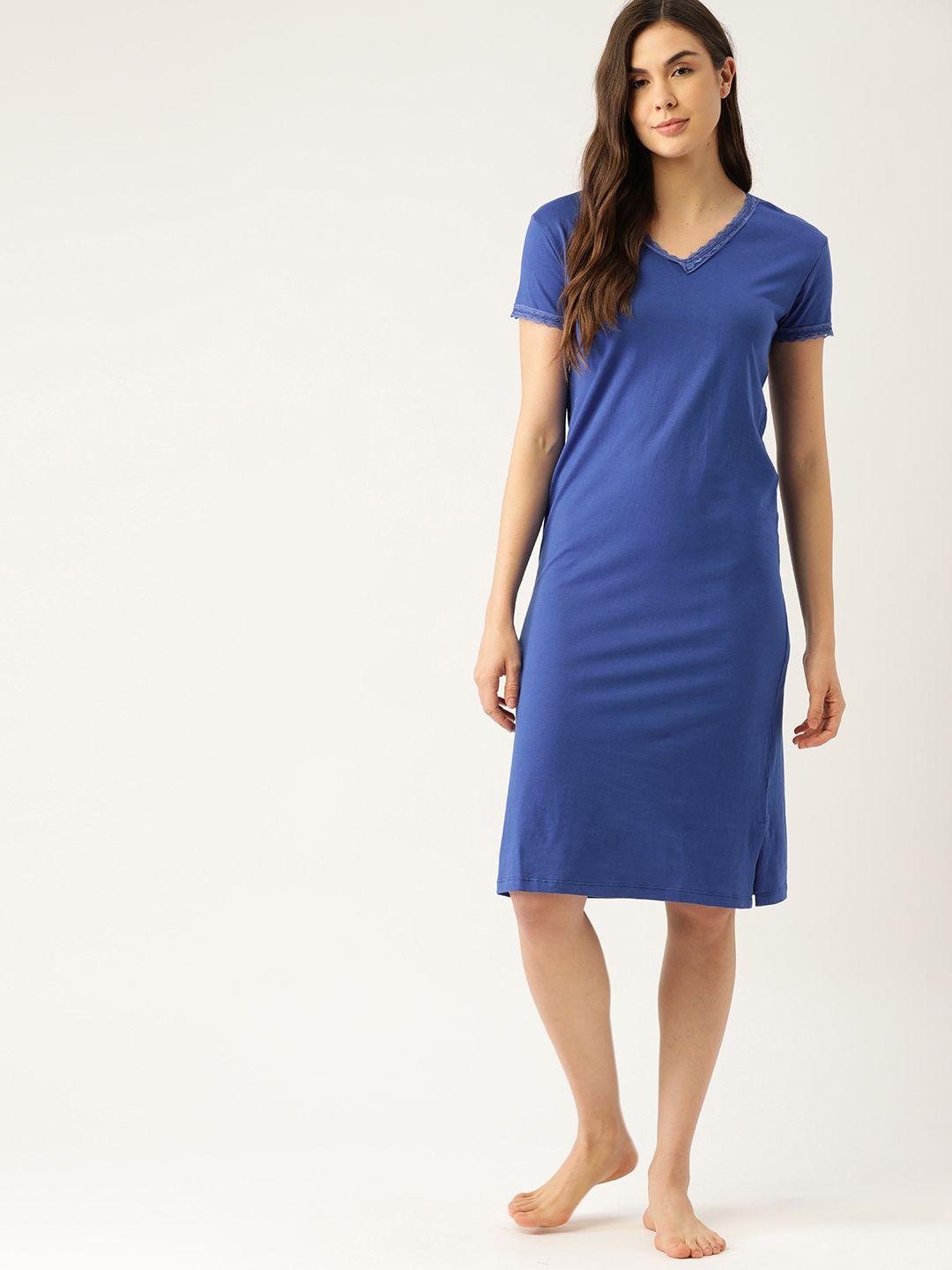 etc women blue solid pure cotton nightdress