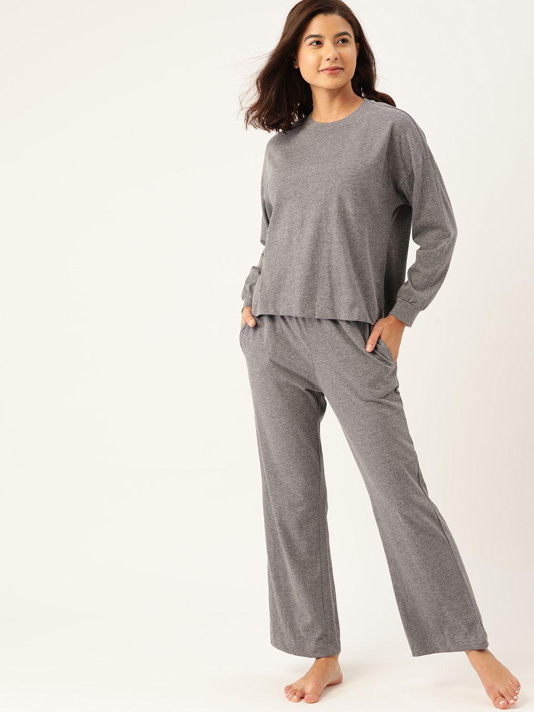 etc women charcoal grey melange effect solid cotton pyjamas set