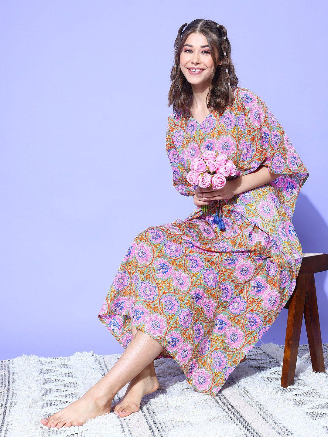 etc women floral printed cotton kaftan midi nightdress