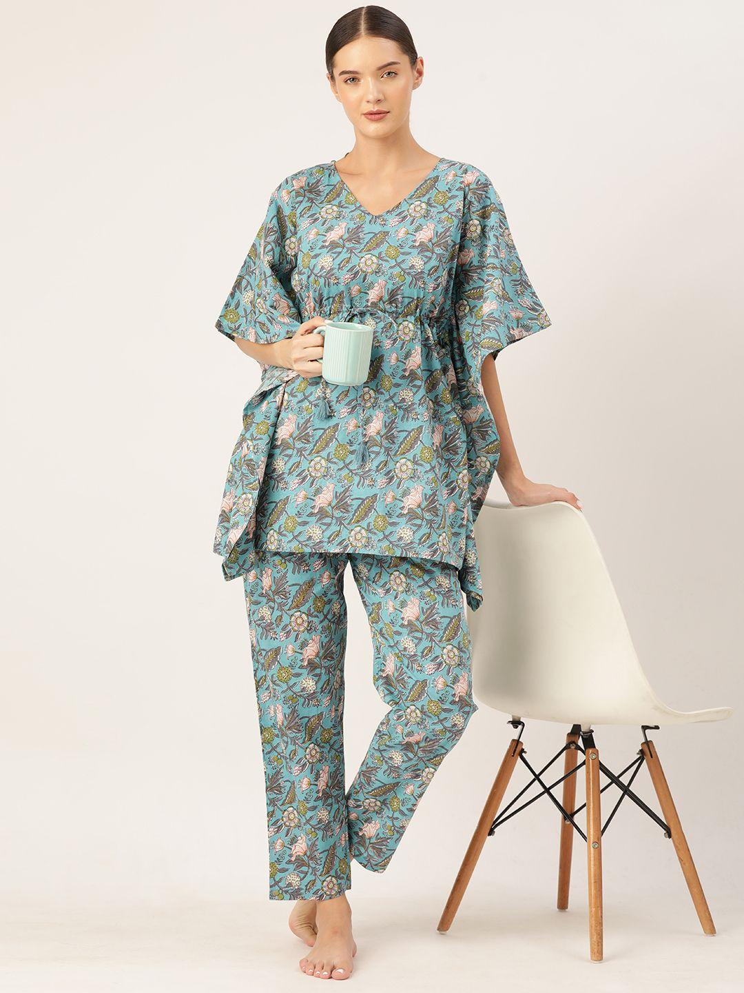 etc women floral printed pure cotton kaftan night suit