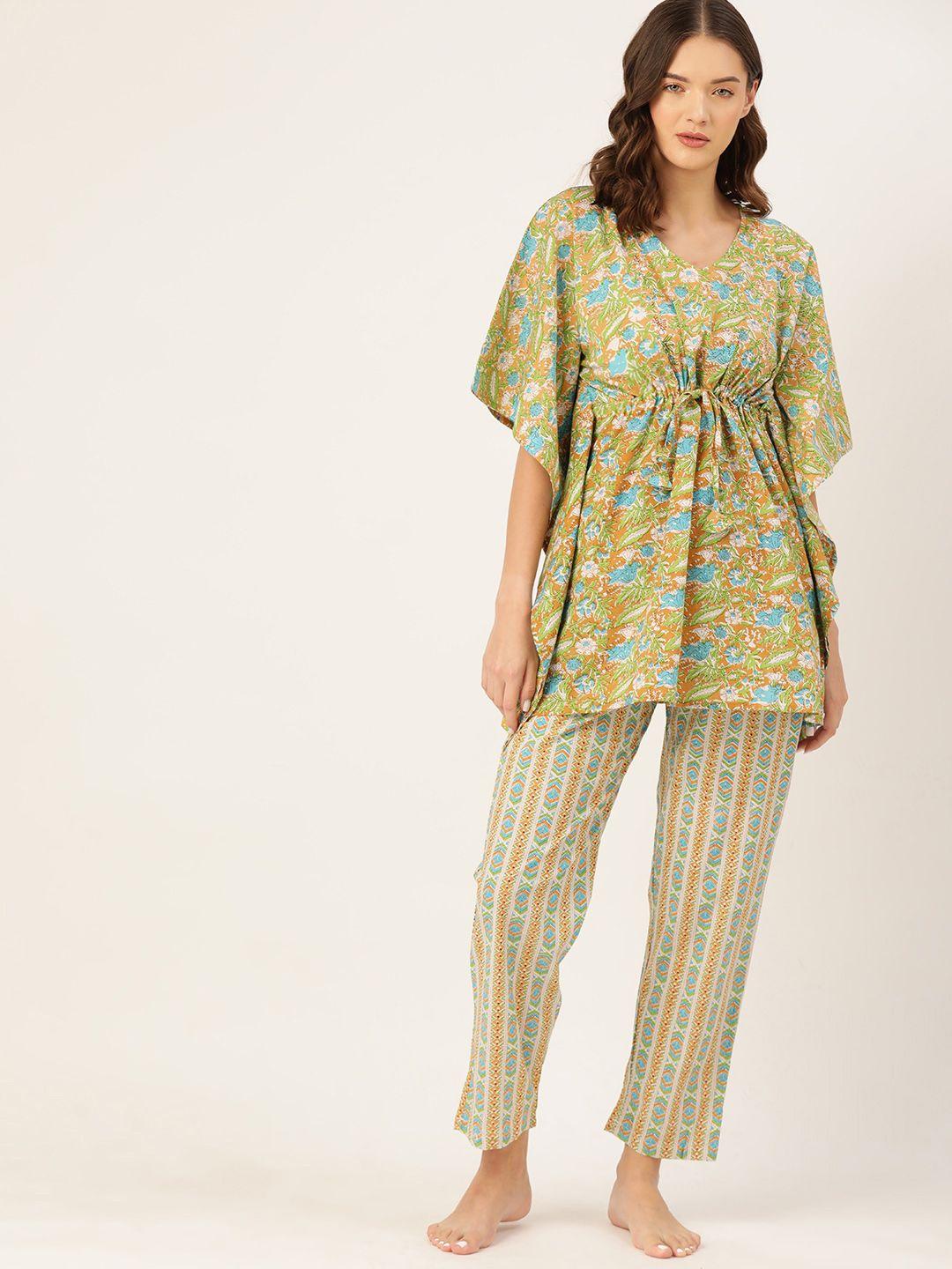 etc women floral printed pure cotton kaftan night suit