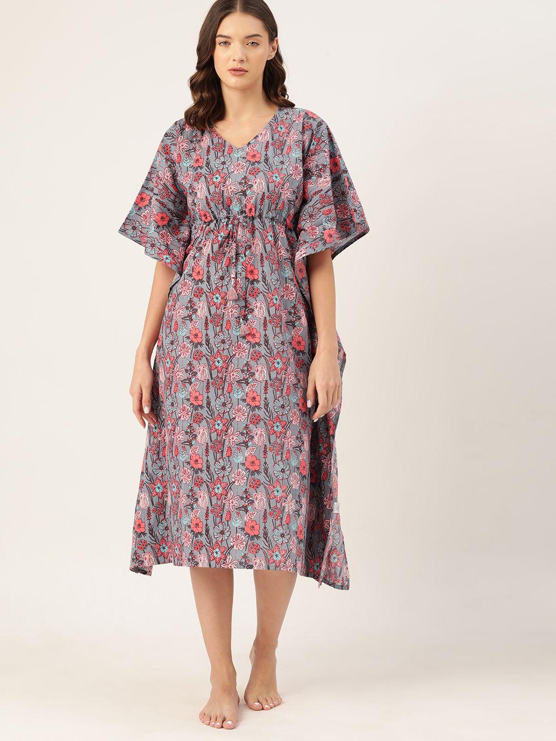 etc women floral printed pure cotton midi kaftan nightdress