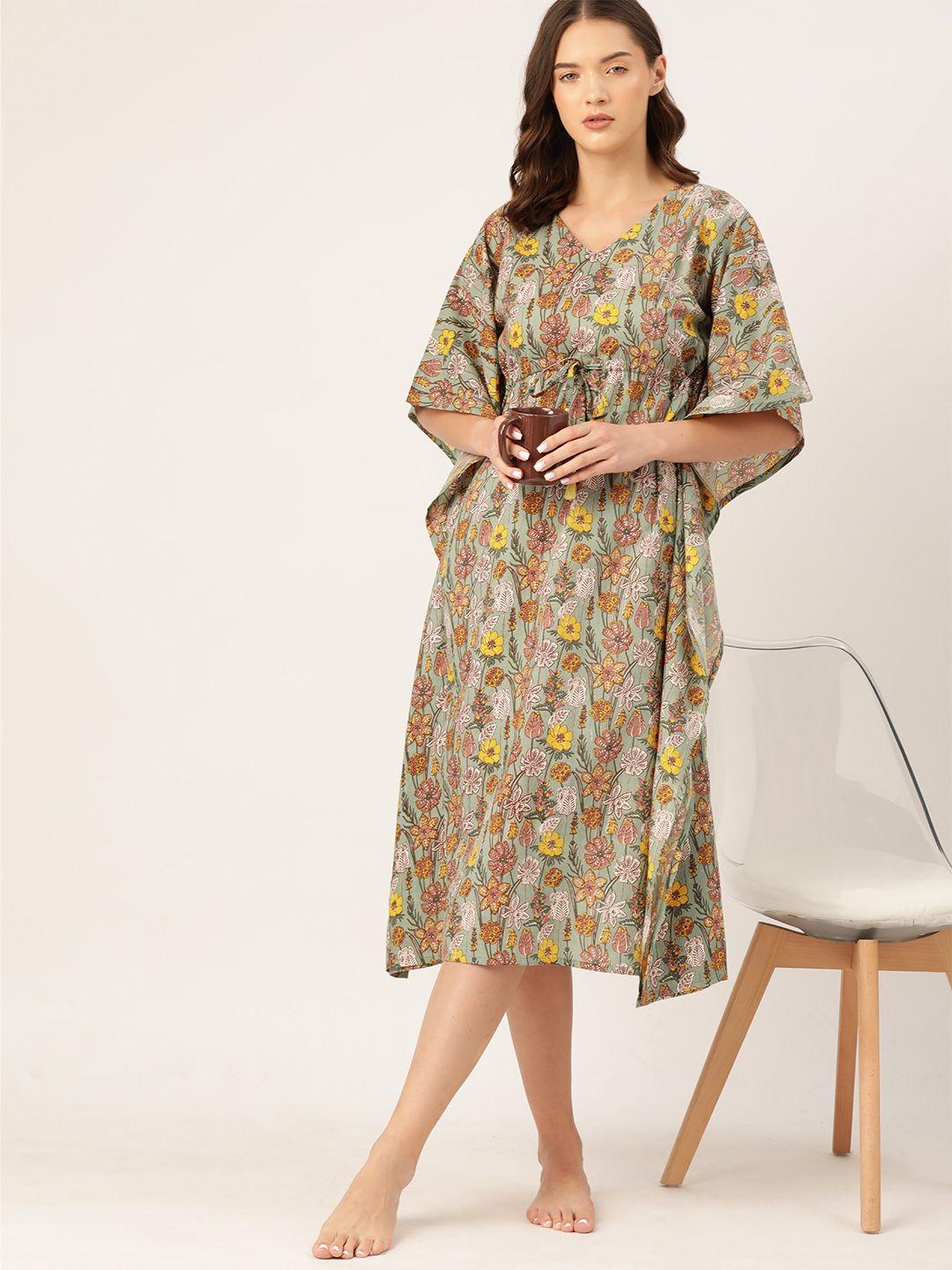 etc women floral printed pure cotton midi kaftan nightdress