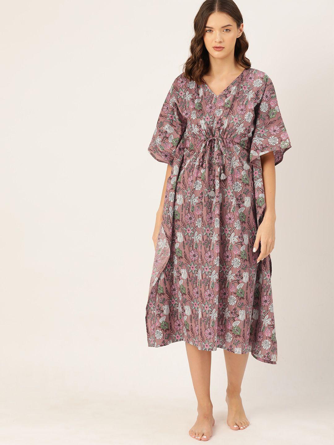 etc women floral printed pure cotton midi kaftan nightdress