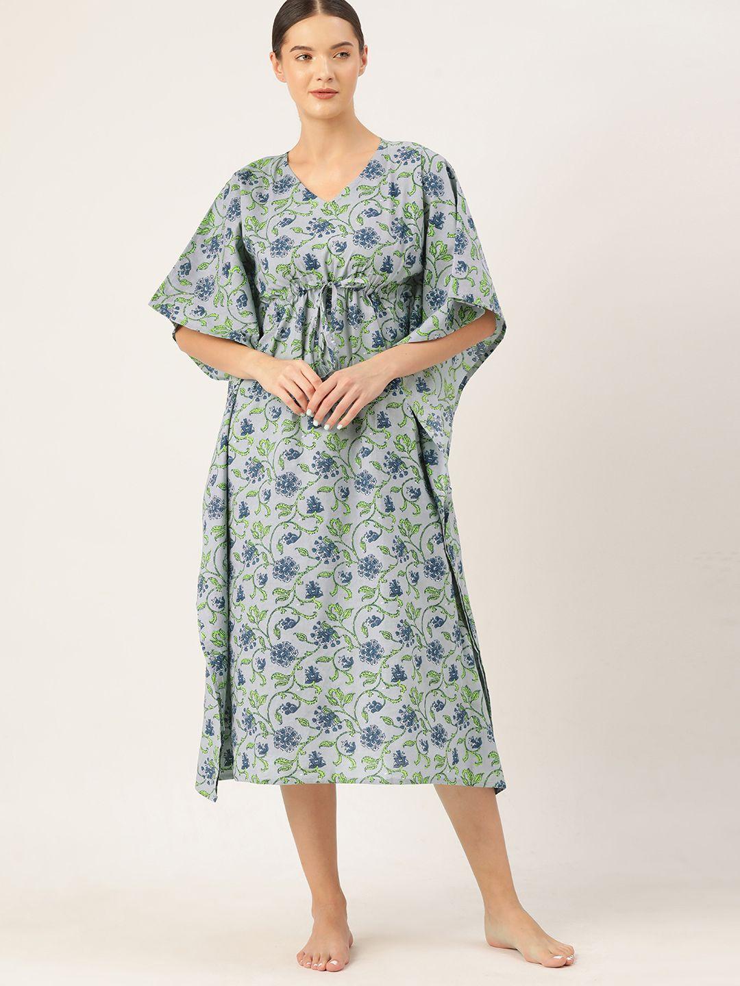 etc women floral printed pure cotton midi kaftan nightdress