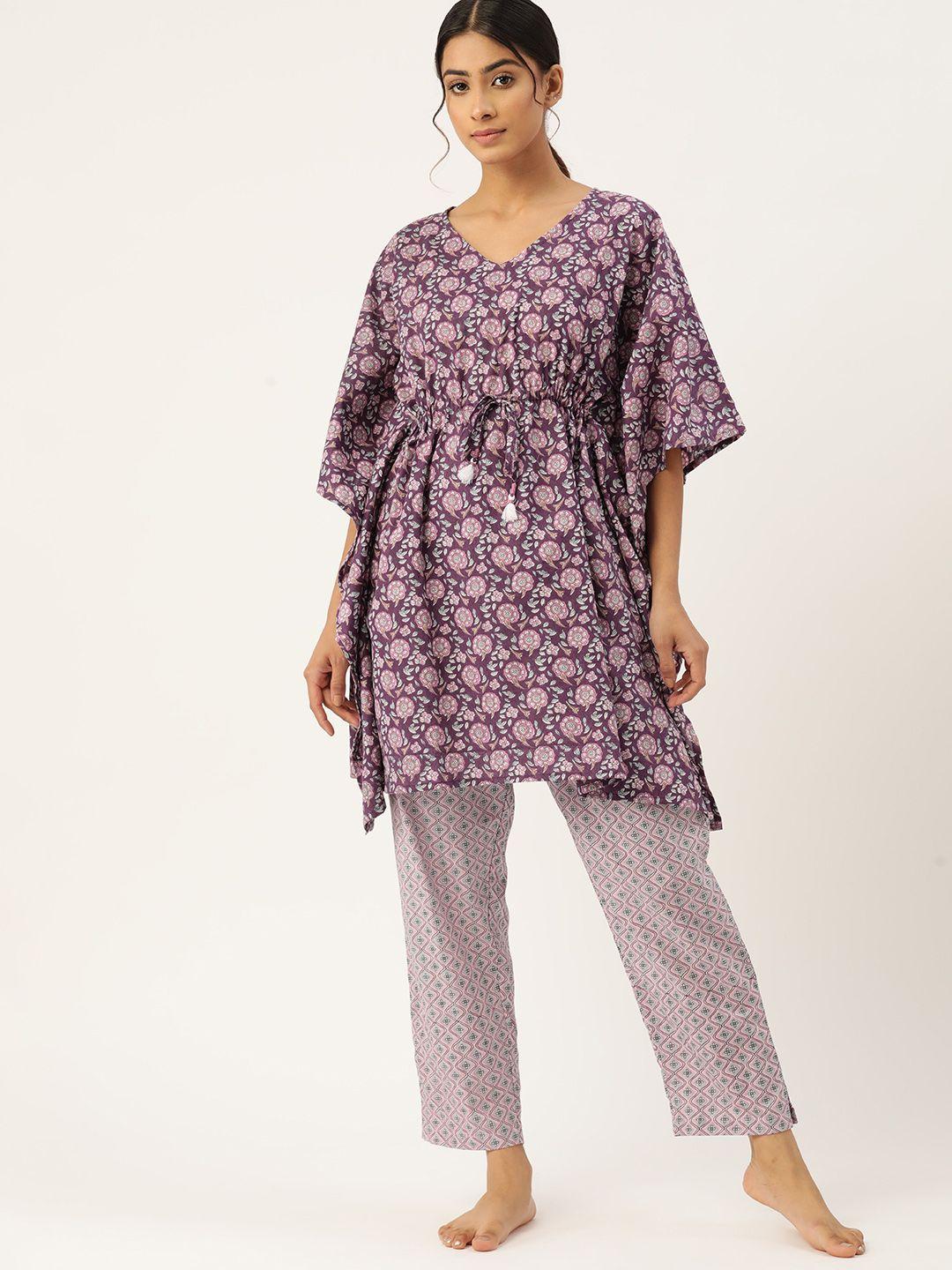 etc women floral printed pure cotton night suit