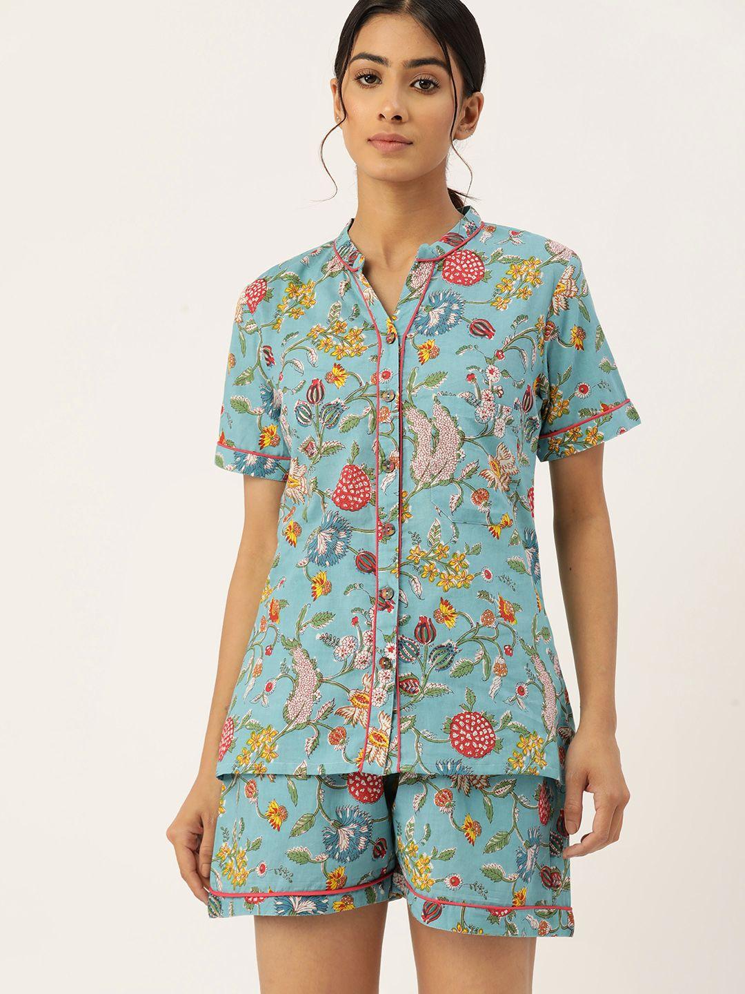 etc women floral printed pure cotton night suit