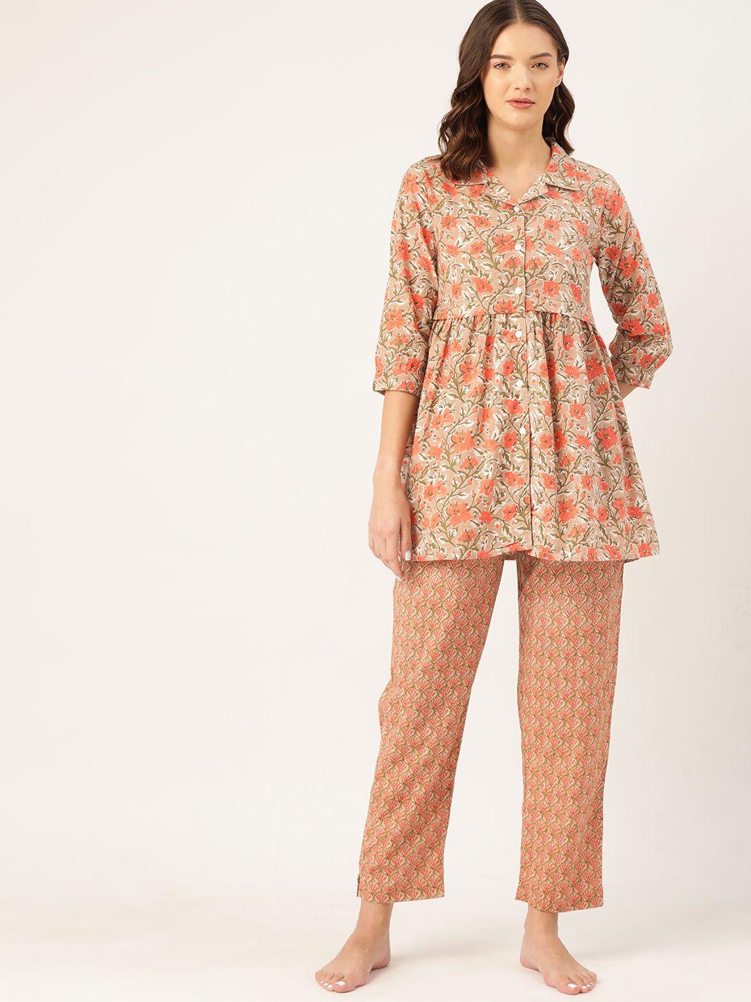 etc women floral printed pure cotton night suit