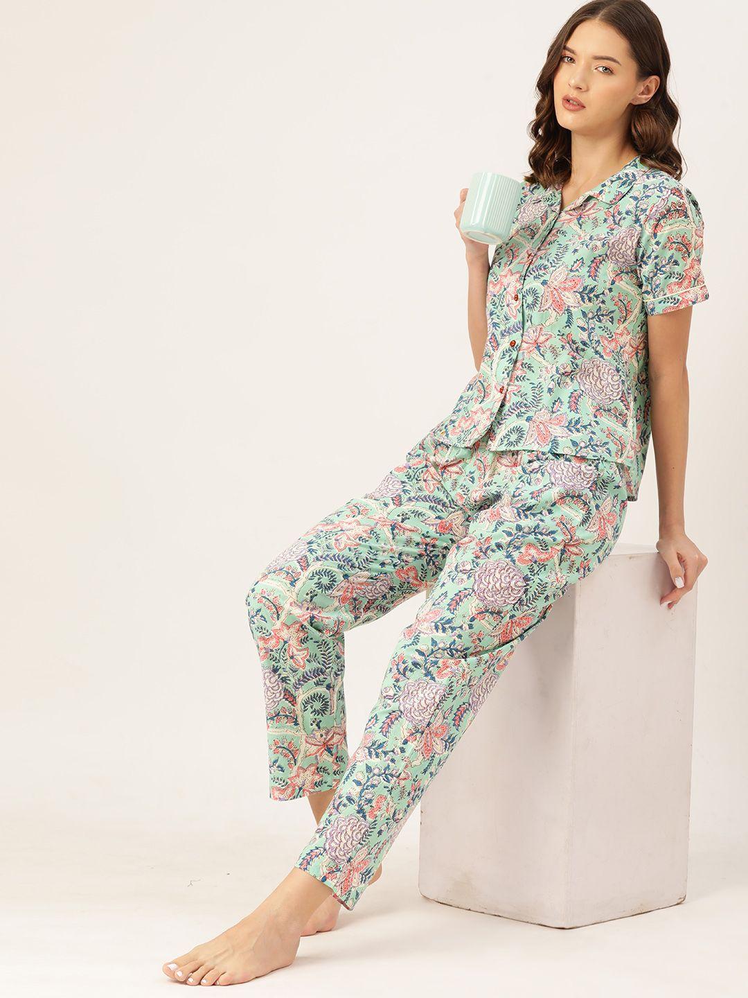 etc women floral printed pure cotton night suit