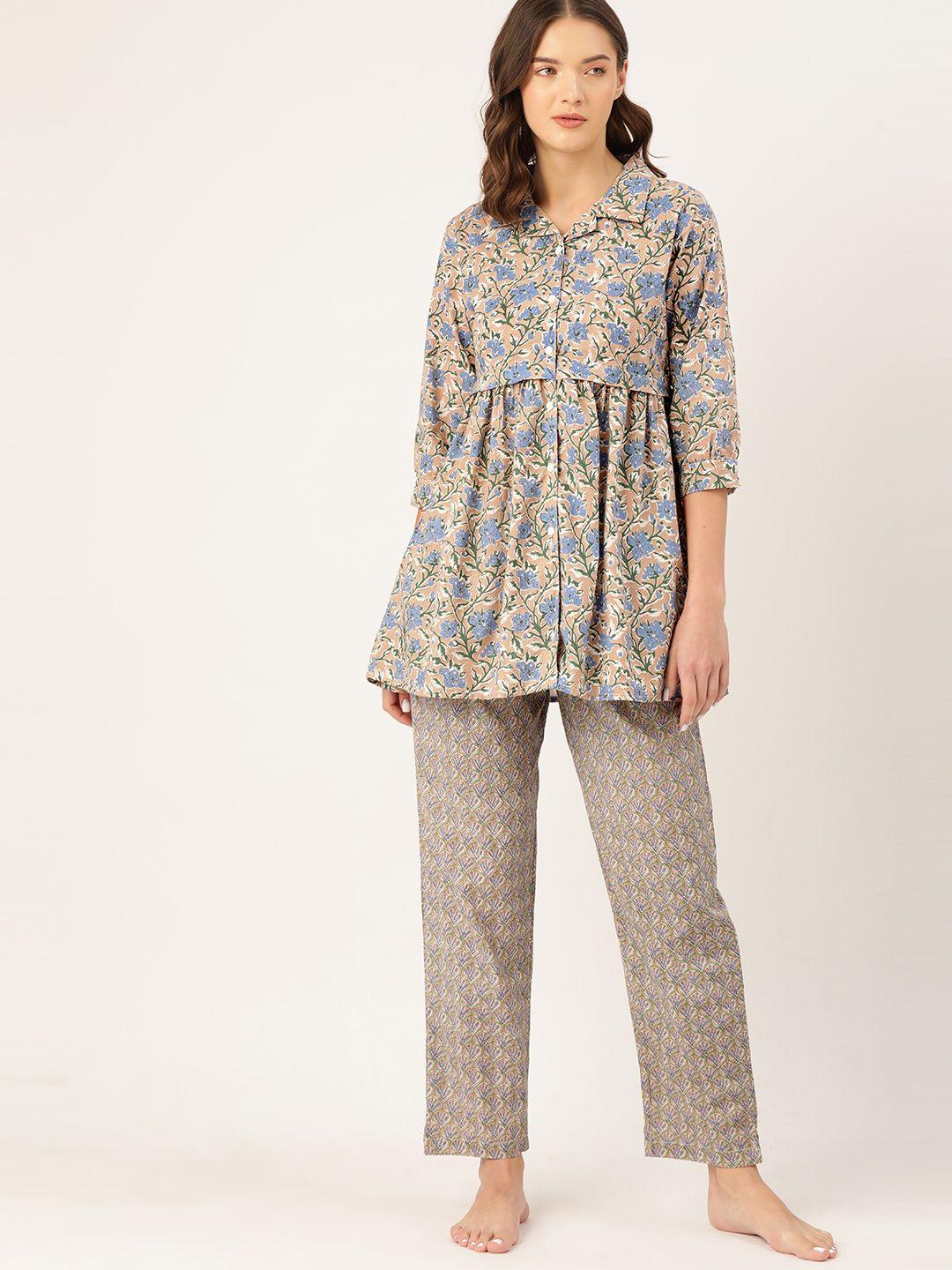 etc women floral printed pure cotton night suit