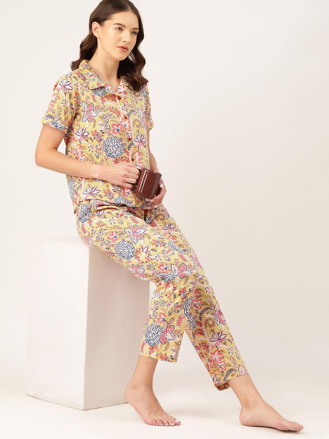 etc women floral printed pure cotton night suit