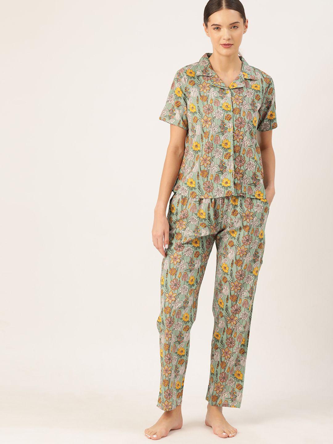 etc women floral printed pure cotton night suit