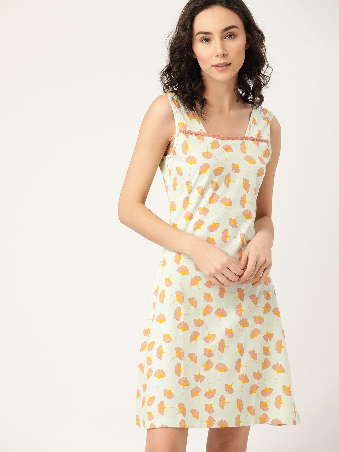 etc women green & peach-coloured printed pure cotton night dress