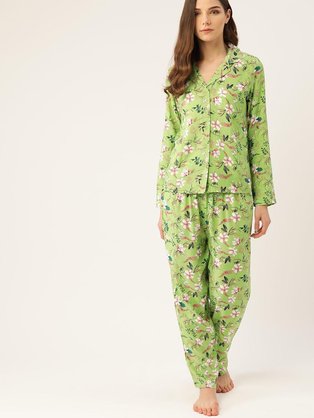 etc women green & pink floral printed night suit