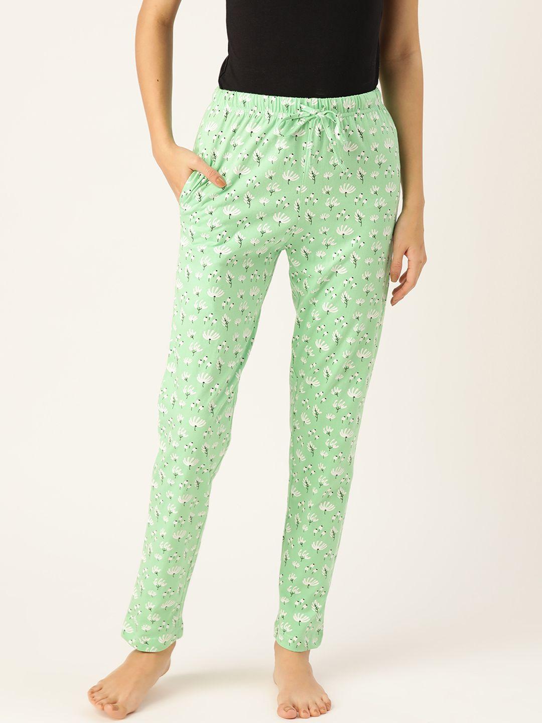etc women green & white floral print pure cotton lounge pants