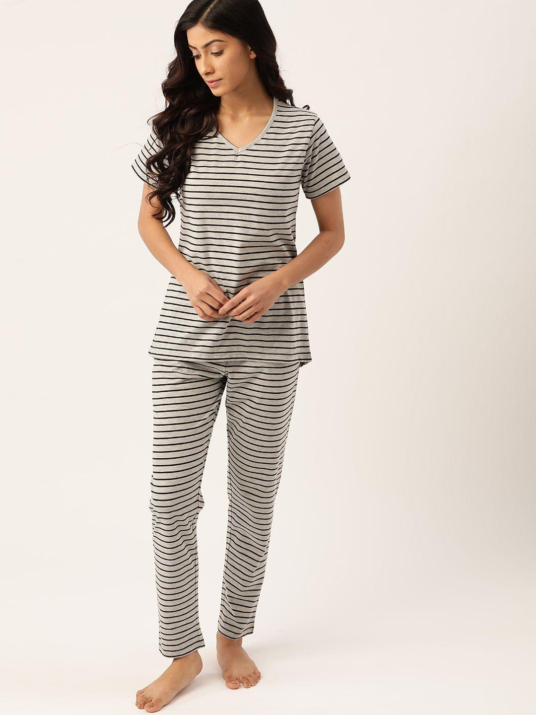 etc women grey & black striped pure cotton night suit