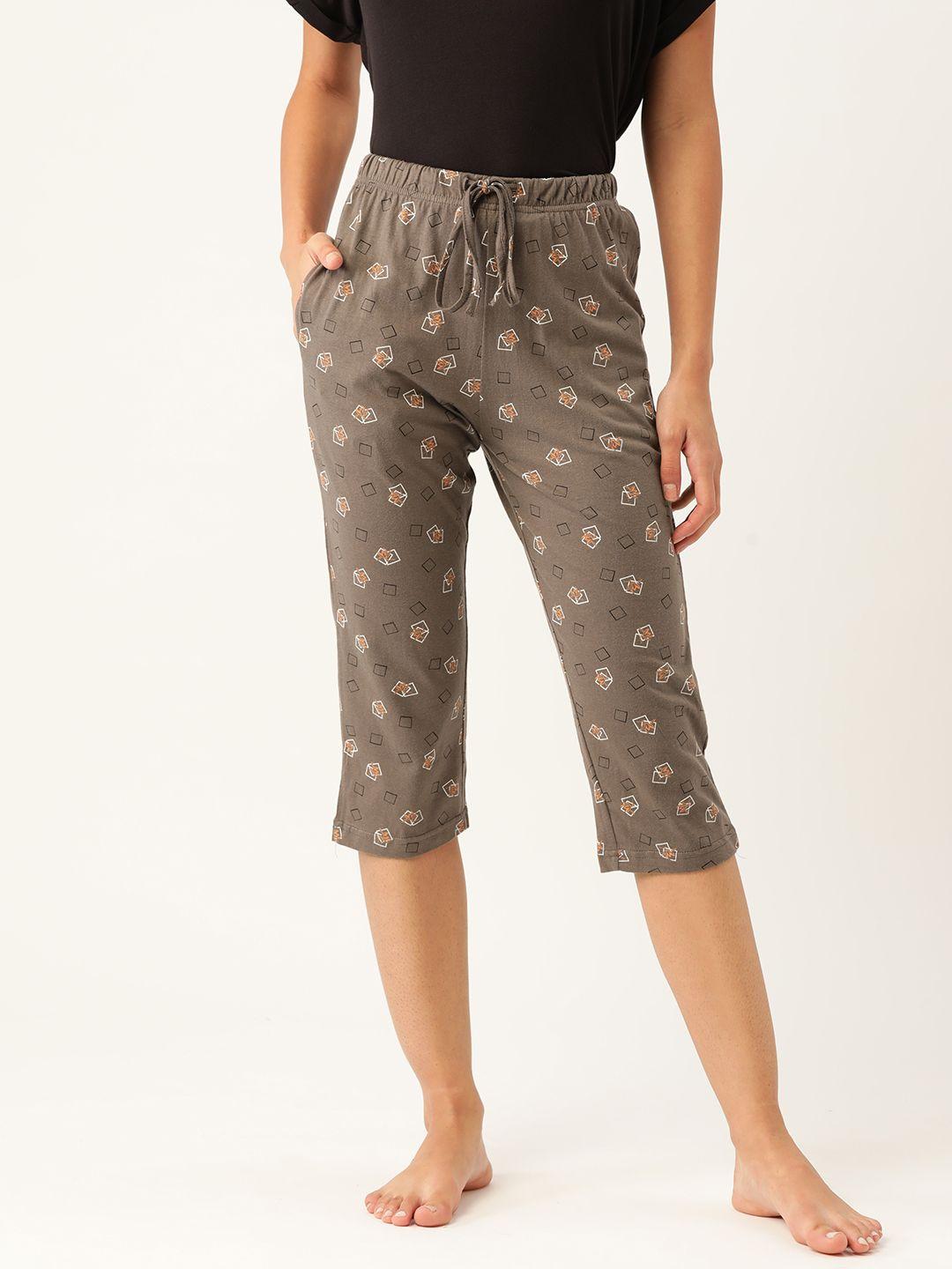 etc women grey & off-white pure cotton printed 3/4th lounge pants