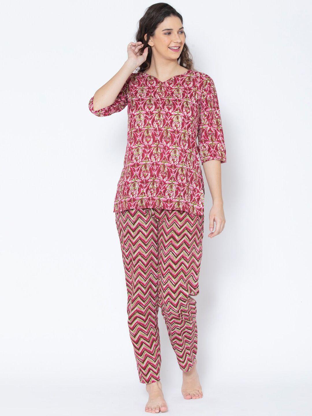 etc women magenta & green pure cotton printed night suit