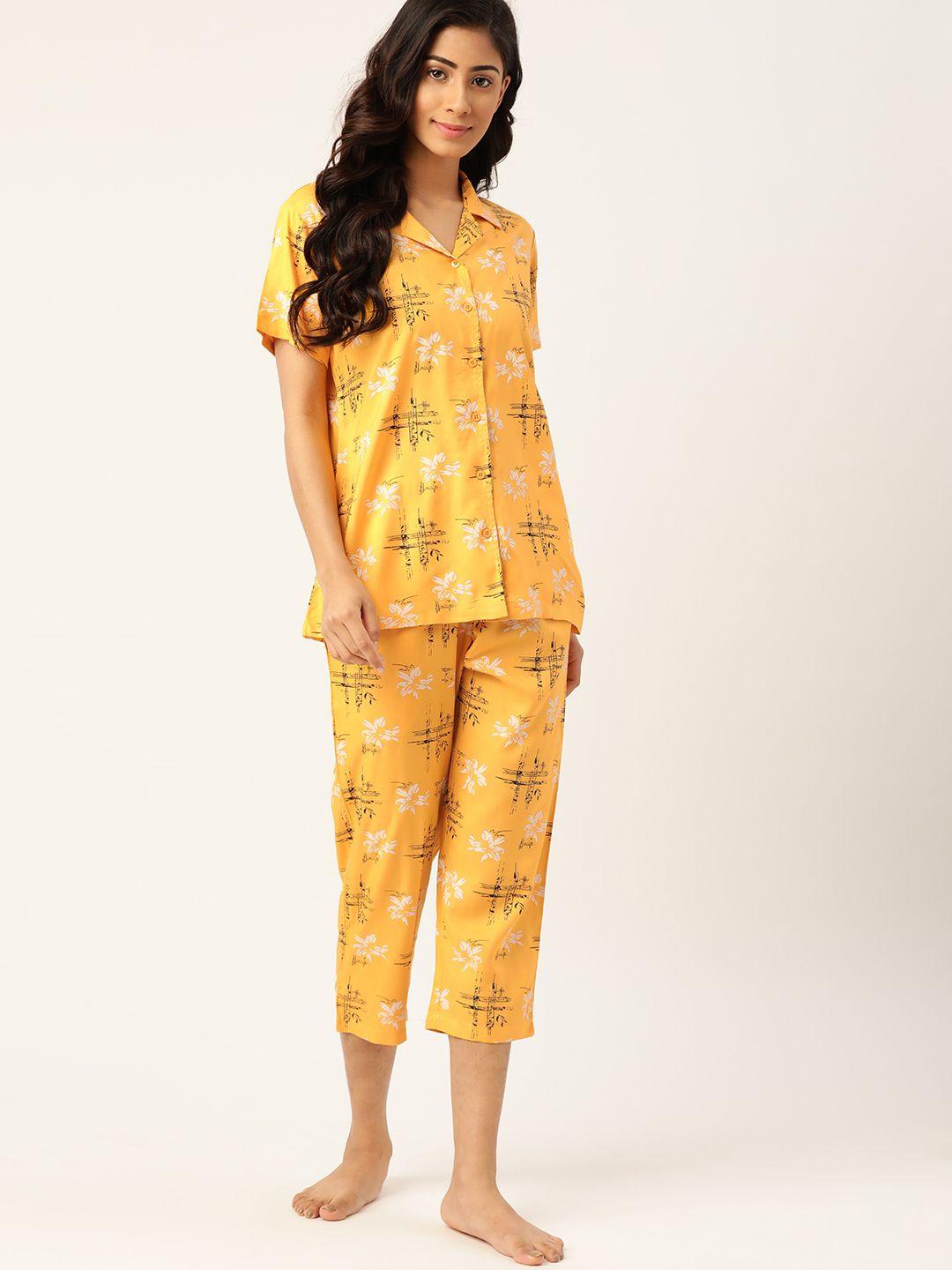 etc women mustard yellow & black floral printed night suit