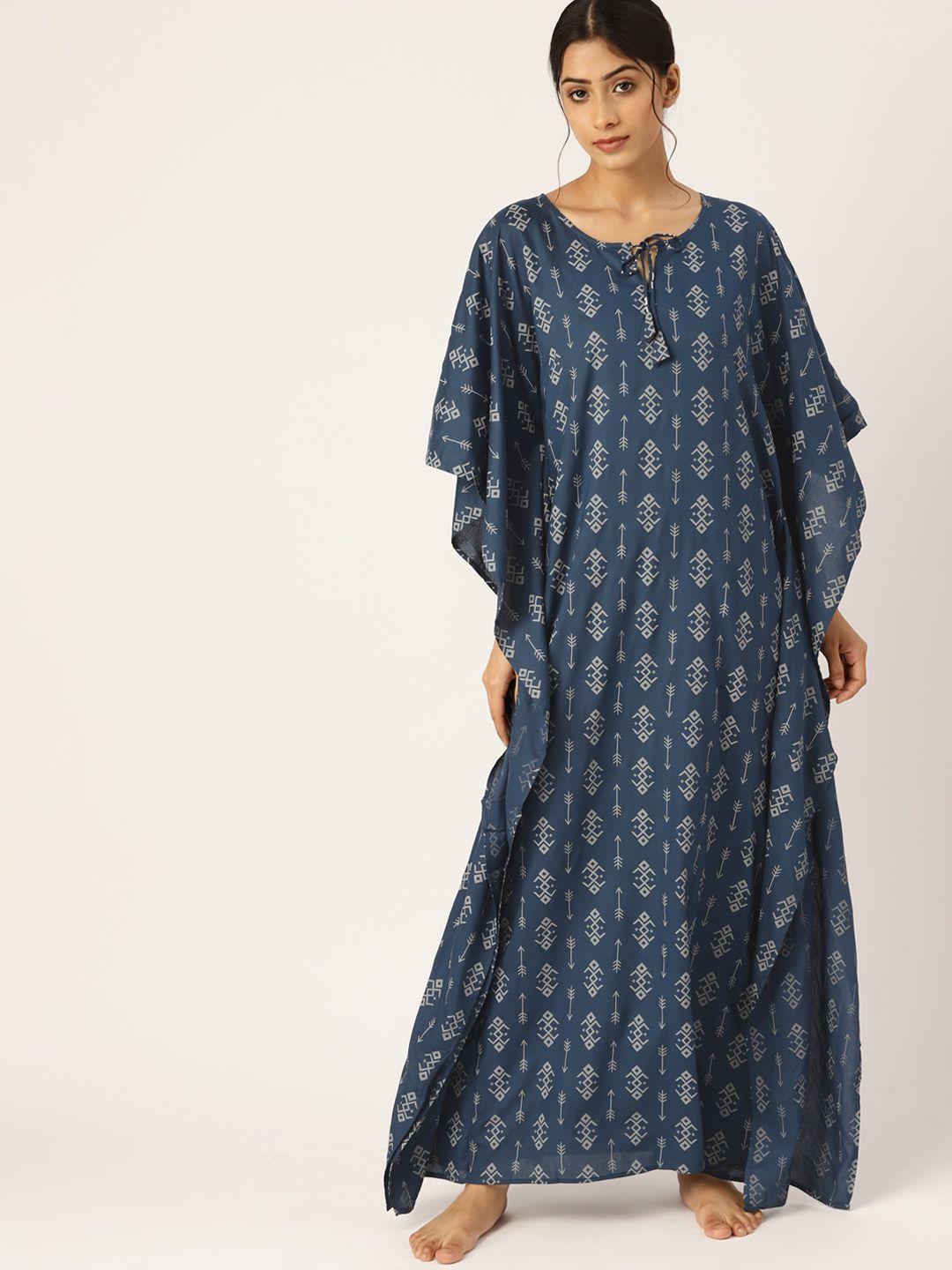 etc women navy blue & grey printed maxi kaftan nightdress