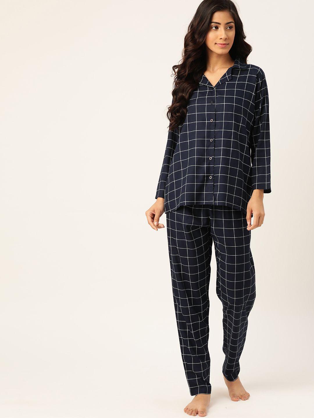 etc women navy blue & white checked night suit