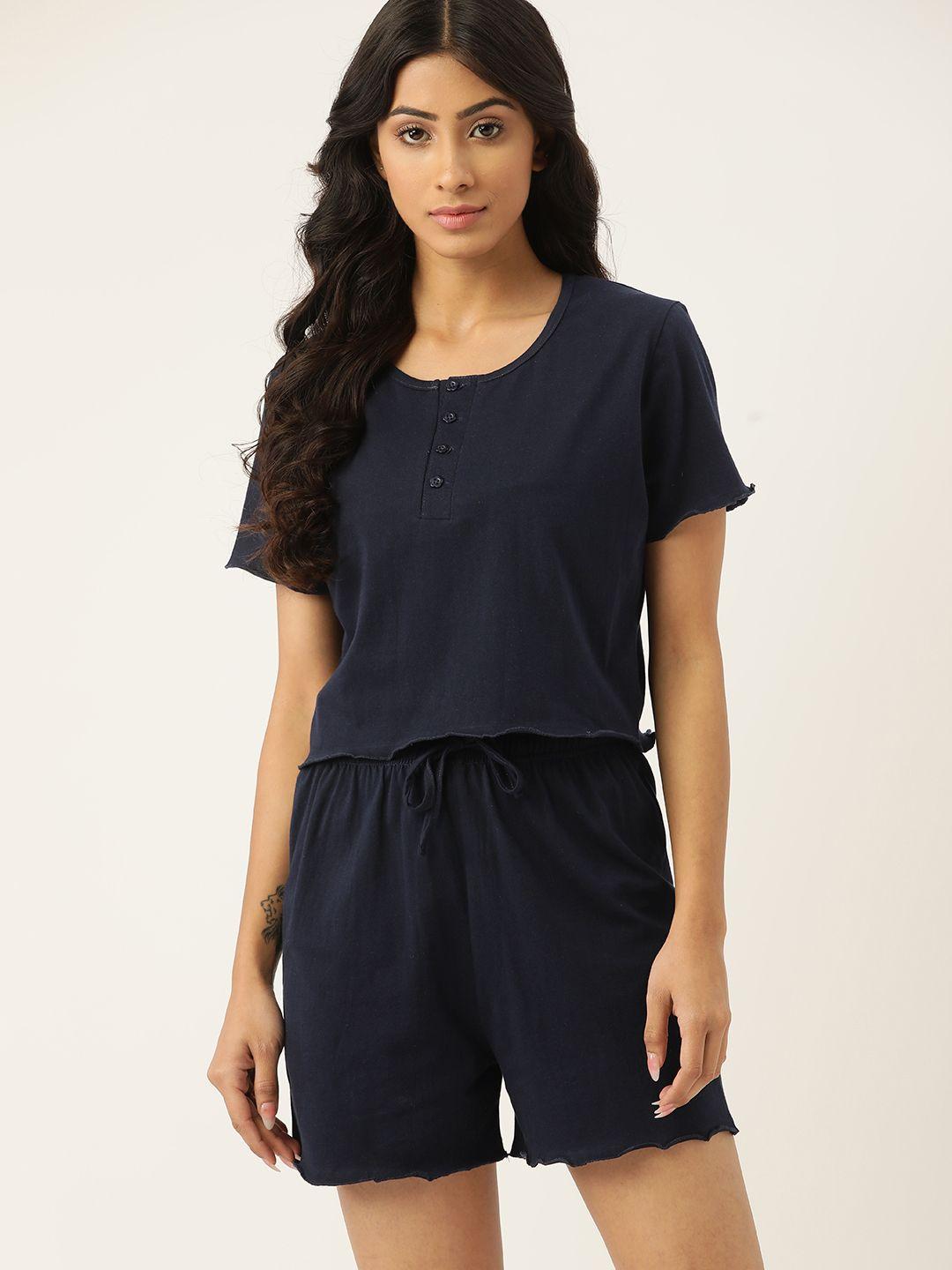 etc women navy blue cotton night suit