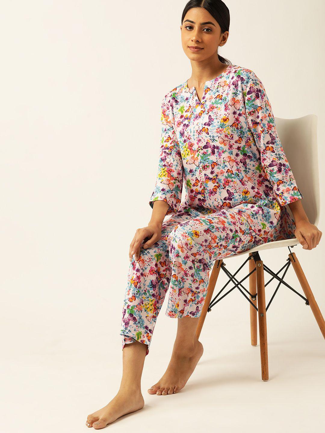 etc women pink & blue pure cotton printed pyjama set