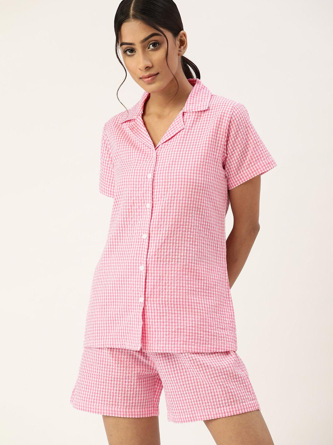 etc women pink & white pure cotton striped night suit