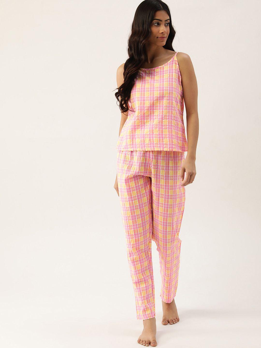 etc women pink & yellow checked pure cotton night suit